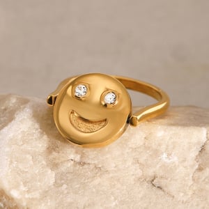 1 Piece Simple Cute Style Smiley Face Shape Stainless Steel  Gold Color Inlay Rhinestones Women's Single Ring h5 